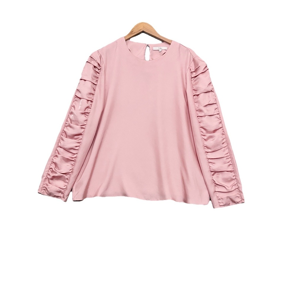 Tibi Mendini Blouse Size 12 Shirred Long Sleeve Satin‎ Shirt Pink Blush Feminine